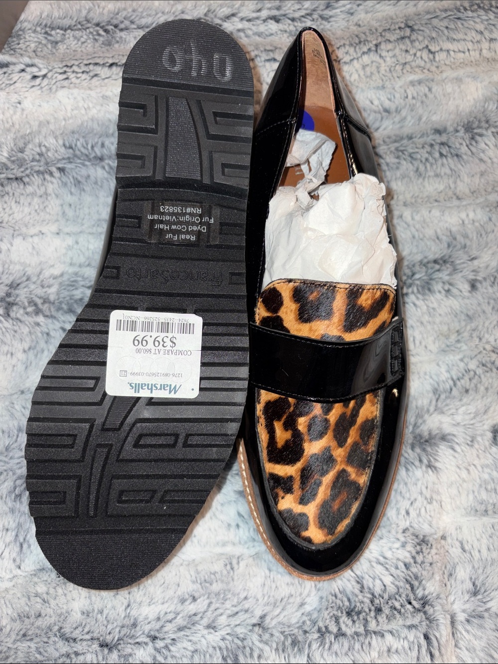 NWT Women’s Black Patent Leather Loafers with Leopard Print Accent